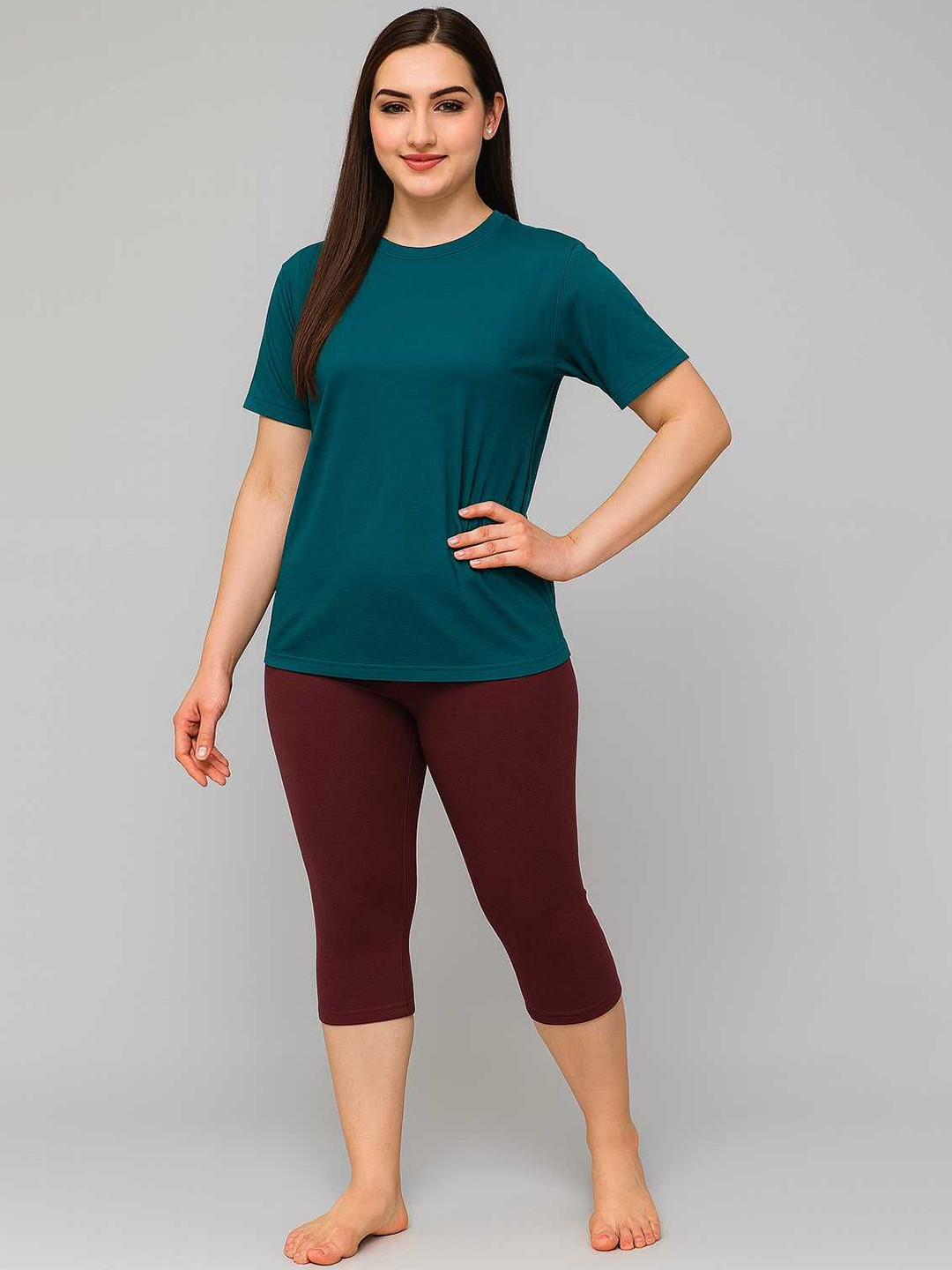 CKARFE Women Round Neck T-shirt & Capri Bottoms Swimming Dress