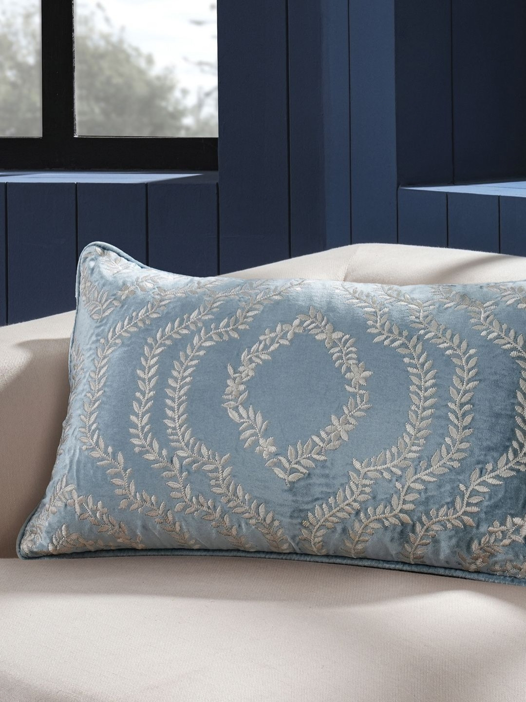 MASPAR Floral Embroidered Pure Cotton Rectangle Cushion Cover For Sofa & Bed Decor