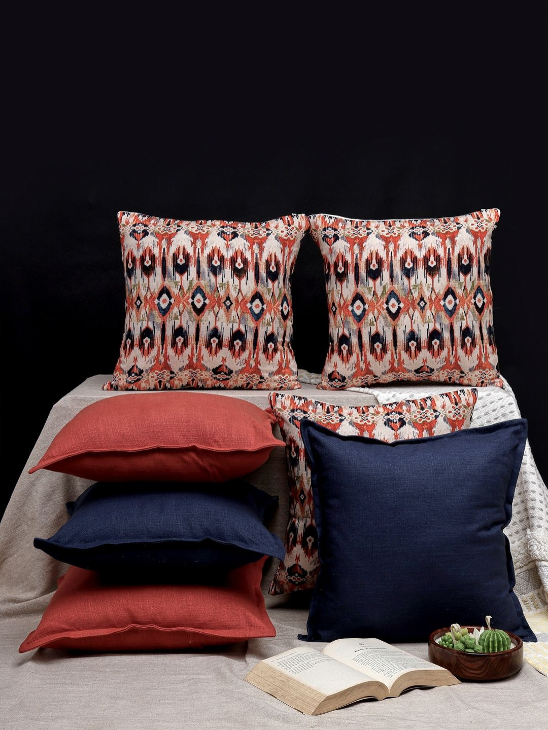 ANWYN Black & Beige 7 Pcs Abstract Textured Cotton Square Ethnic Motifs Cushion Covers