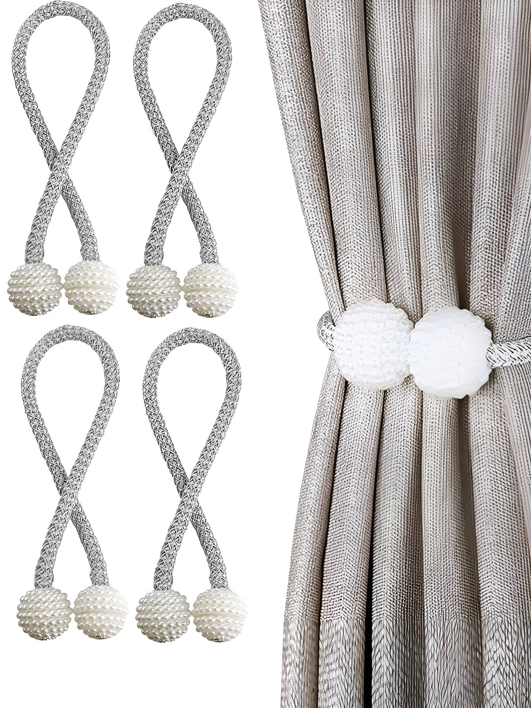 TIED RIBBONS Grey Set of 4 Decorative Curtain Tiebacks