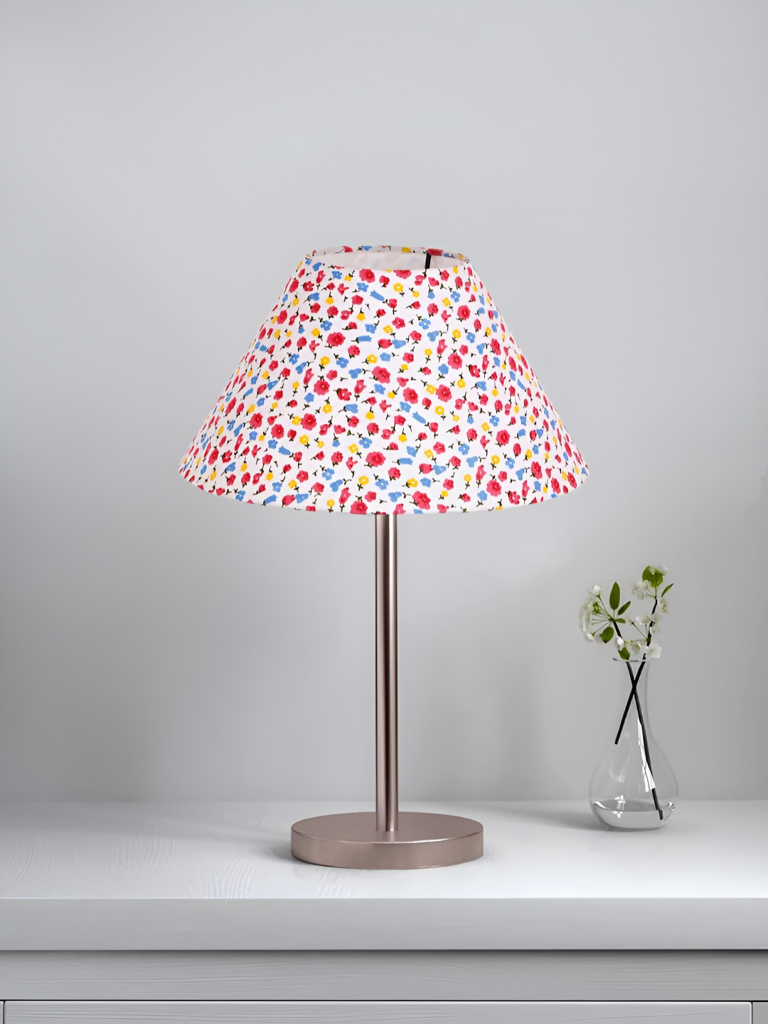 Devansh Off-White & Red Printed Steel Frustum Shaped Table Lamp With Shade
