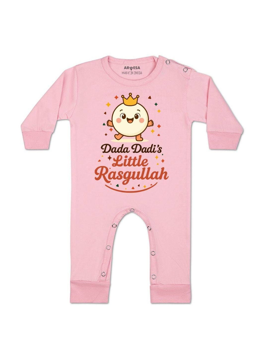 Arvesa Kids Dada Dadi Little Rasgullah Printed Round Neck Long Sleeves Cotton Rompers