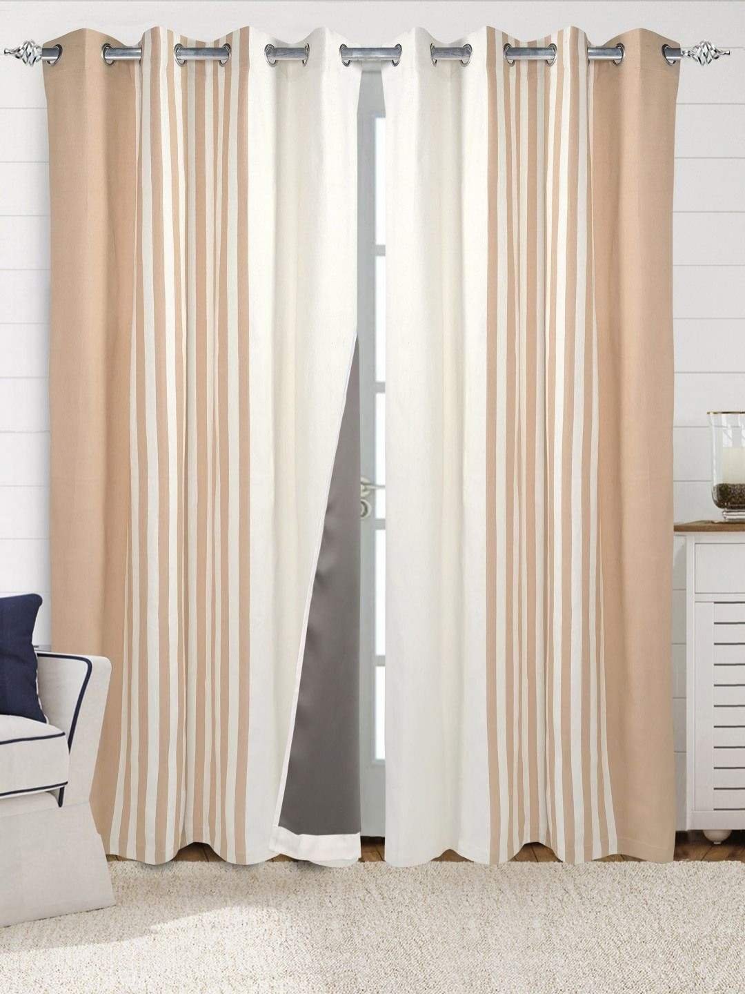 Saral Home Beige And White 2 Pieces Striped Black Out Cotton Long Door Curtains