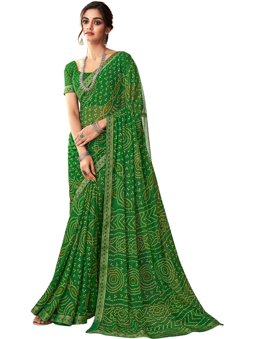 INDONIQ Printed Woven Design Bandhani  Saree With Unstitched Blouse