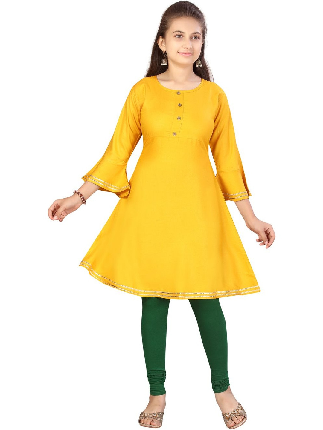 Muhuratam Girls Yellow Colour Cotton kurti