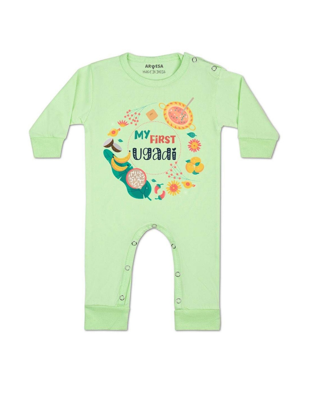 Arvesa Kids My First Ugadi Printed  Round Neck Long Sleeves Snap Button Closures Rompers