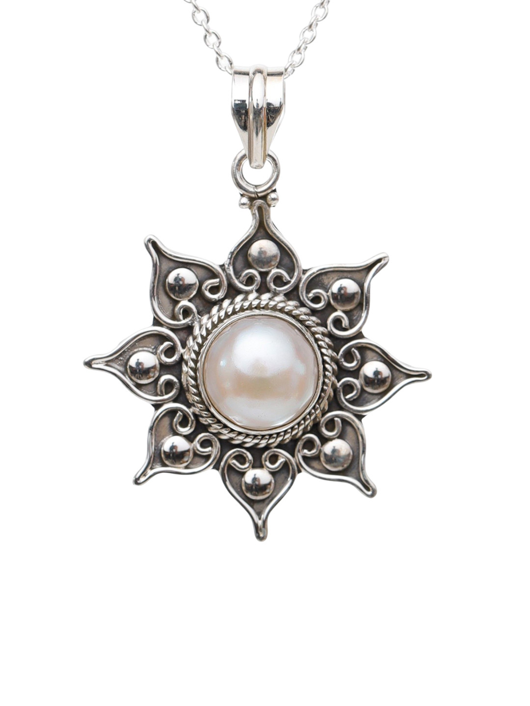 Exotic India Women Sterling Silver Pearls Studded Flower Pendant