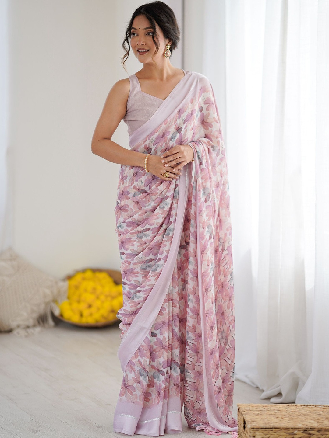 Pink Designer Floral Printed Georgette Saree