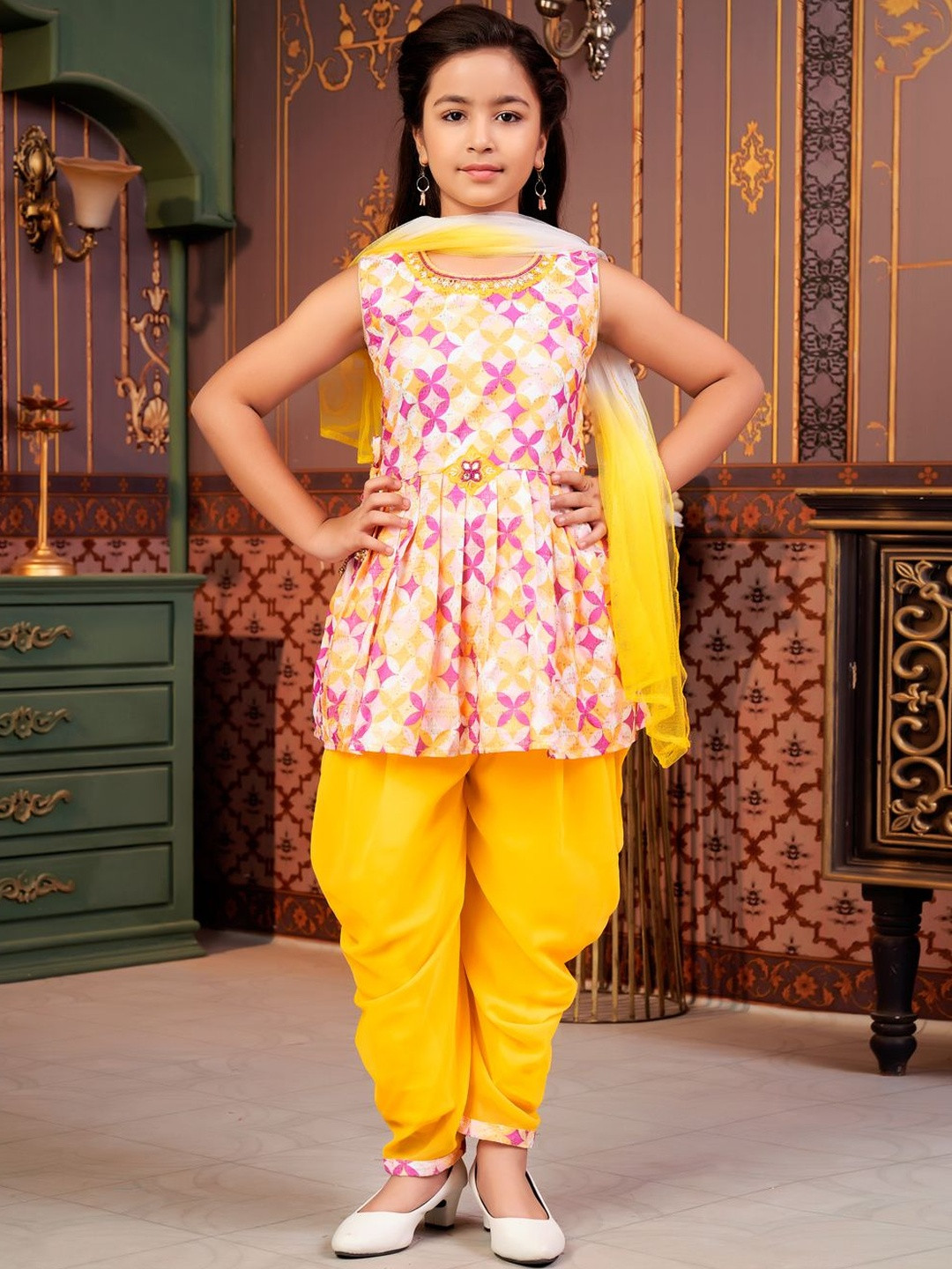 Ethnic Wear Yellow Floral Print Beads Embroidery Cotton Blend Dhoti Kurta Set With Dupatta