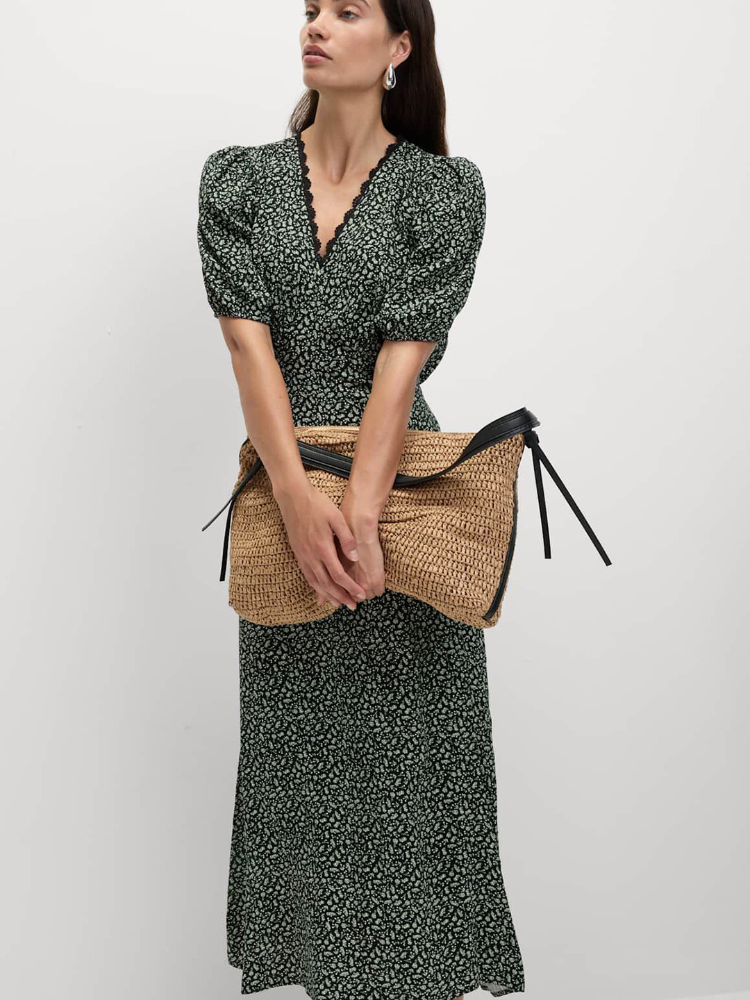 Marks & Spencer Women Floral Printed Lace Insert V-Neck Puff Sleeve Fit & Flare Midi Dress