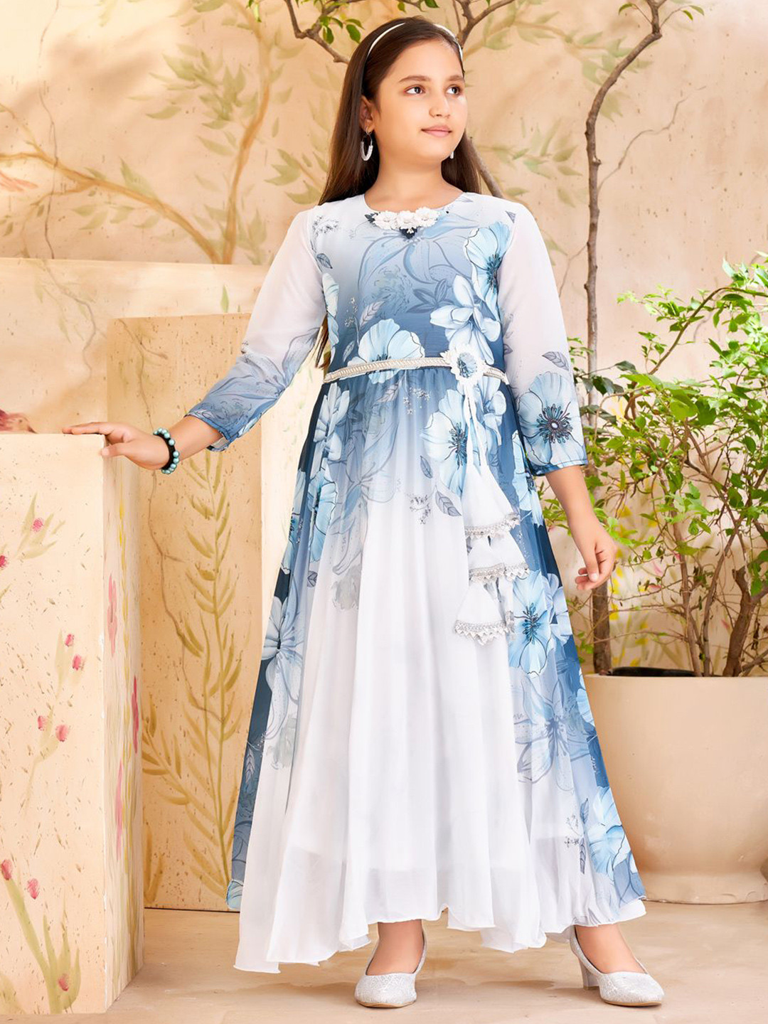 BAESD Girls Flower Printed Applique Round Neck Gown Maxi Dress