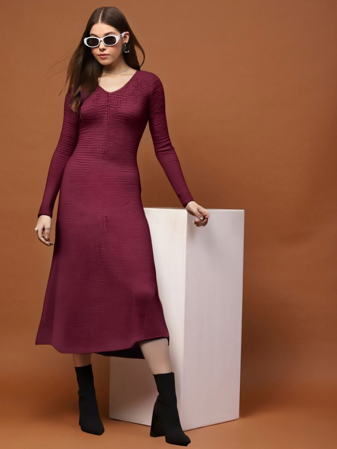 Sera Solid Self Design V Neck Full Sleeves Sheath Midi Dress