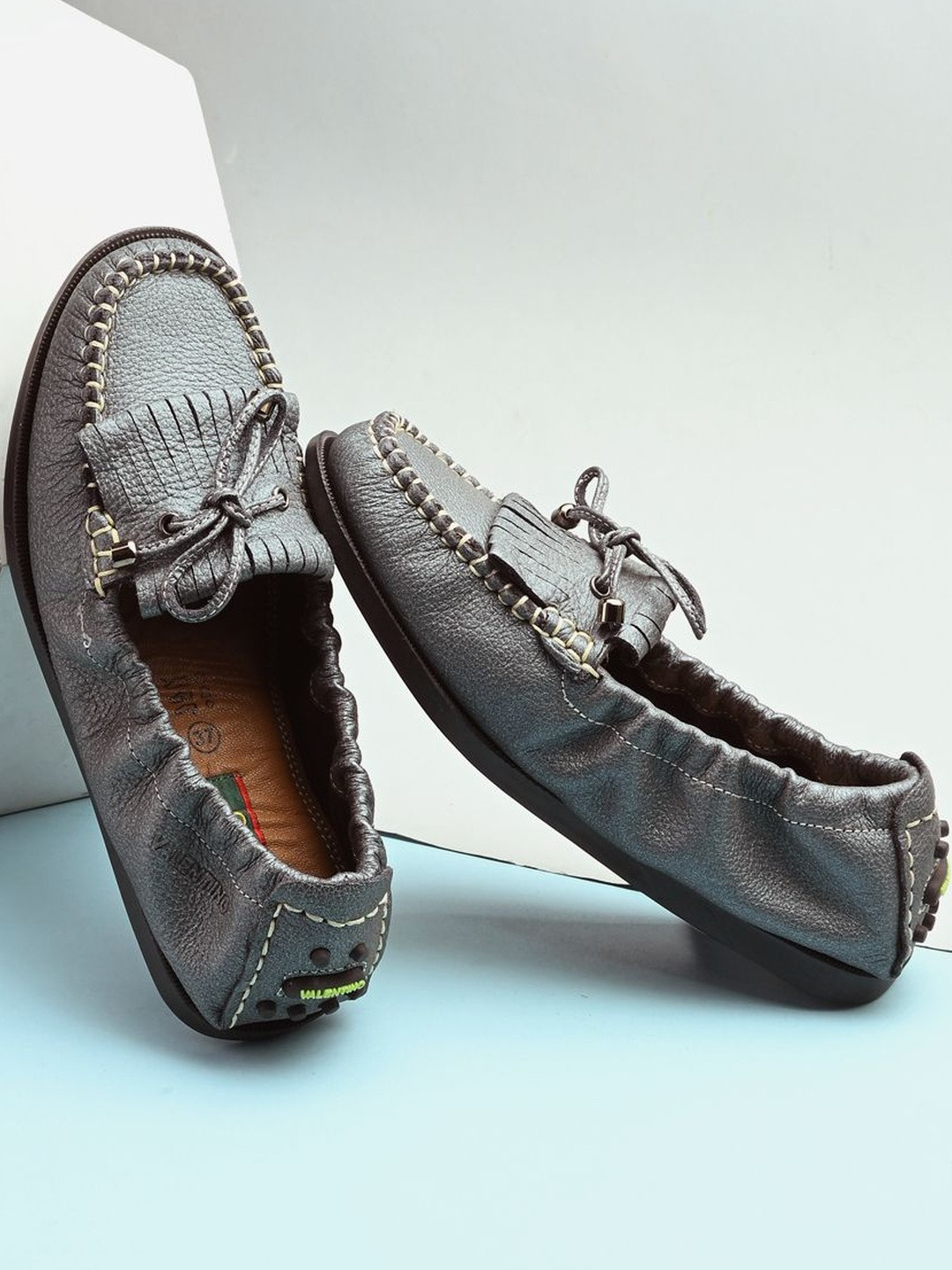 Valentino Women Metalic Grey Leather Loafers