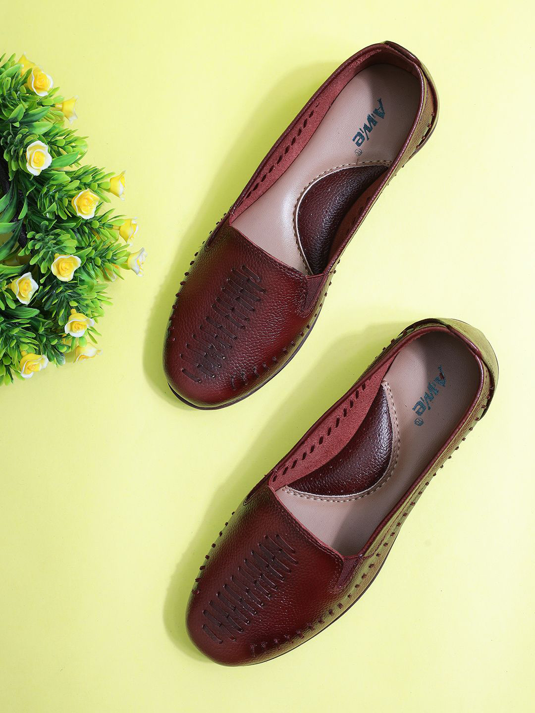 AIWIE Leather Comfortable Slip-On Ballerinas With Cut-Out Design & Soft Sole