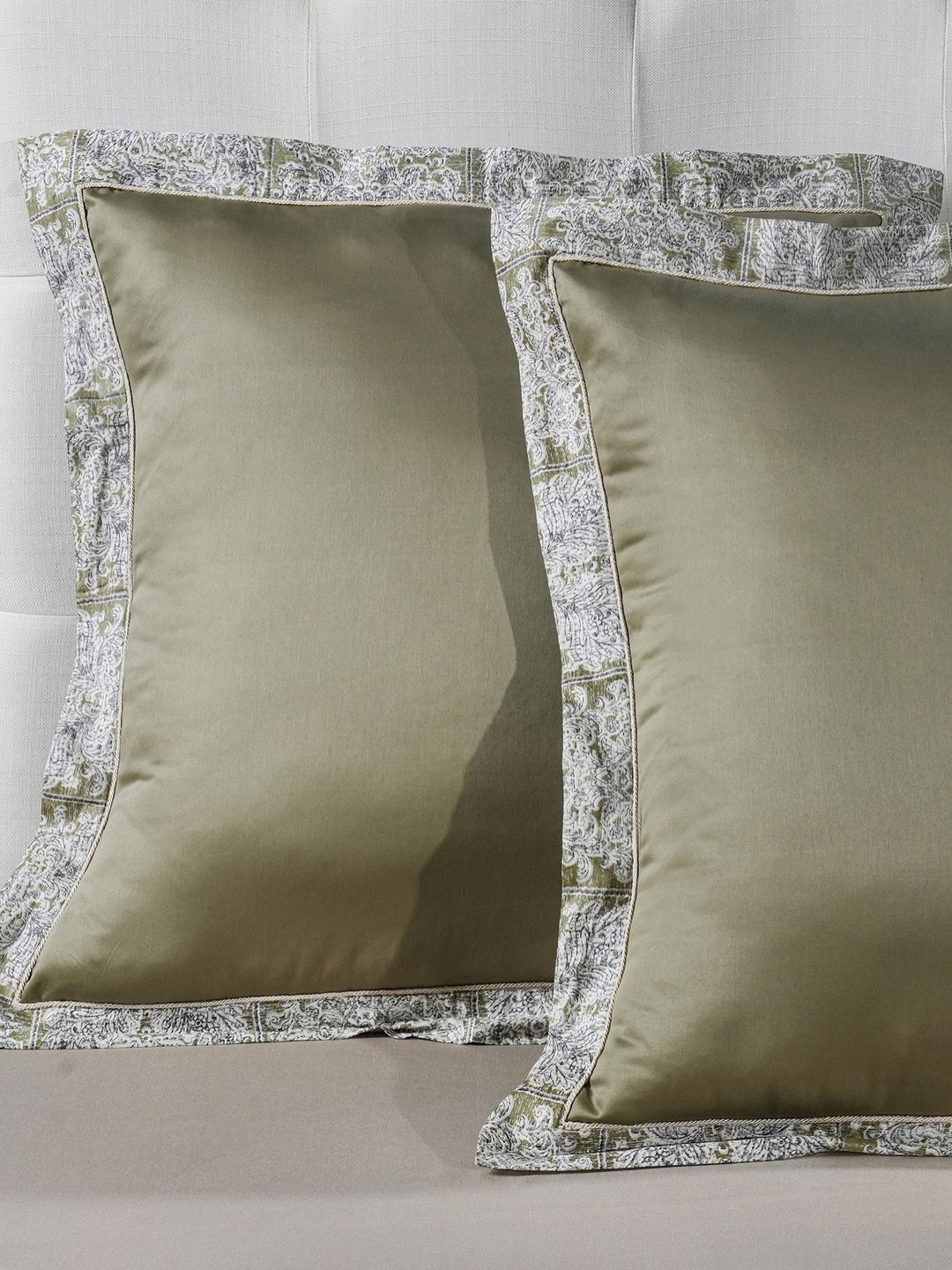 MASPAR Green & White 2 Pieces Self Design Pure Cotton Rectangle Pillow Covers