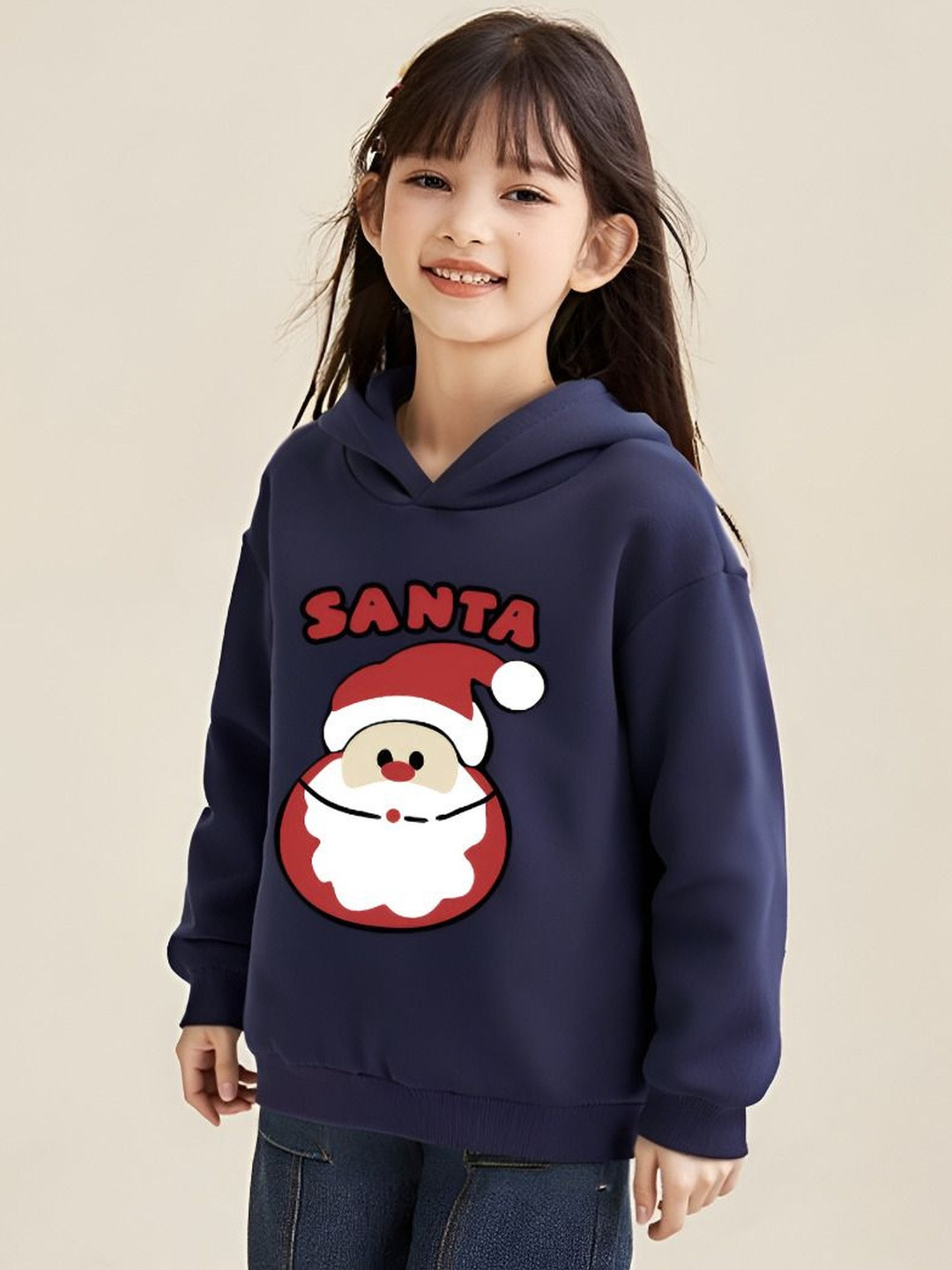 YK Girls Navy Blue Long Sleeves Hood Casual Sweater