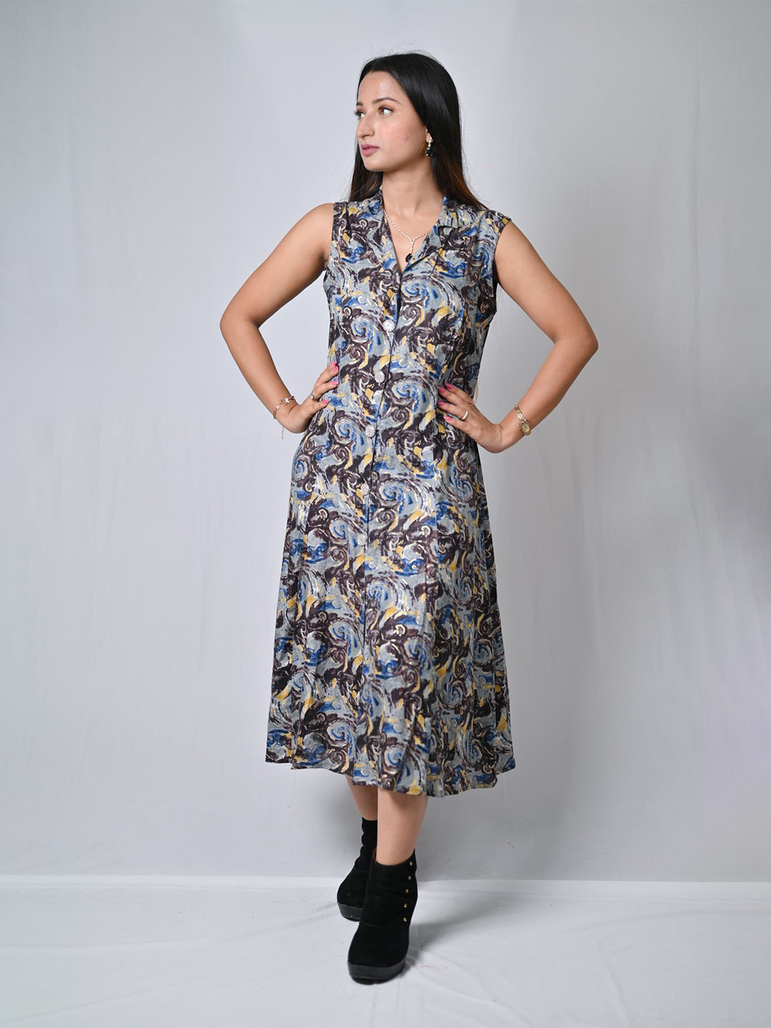 BELLE NOOR Women Printed Shirt Collar Sleeveless Shirt Midi Dress