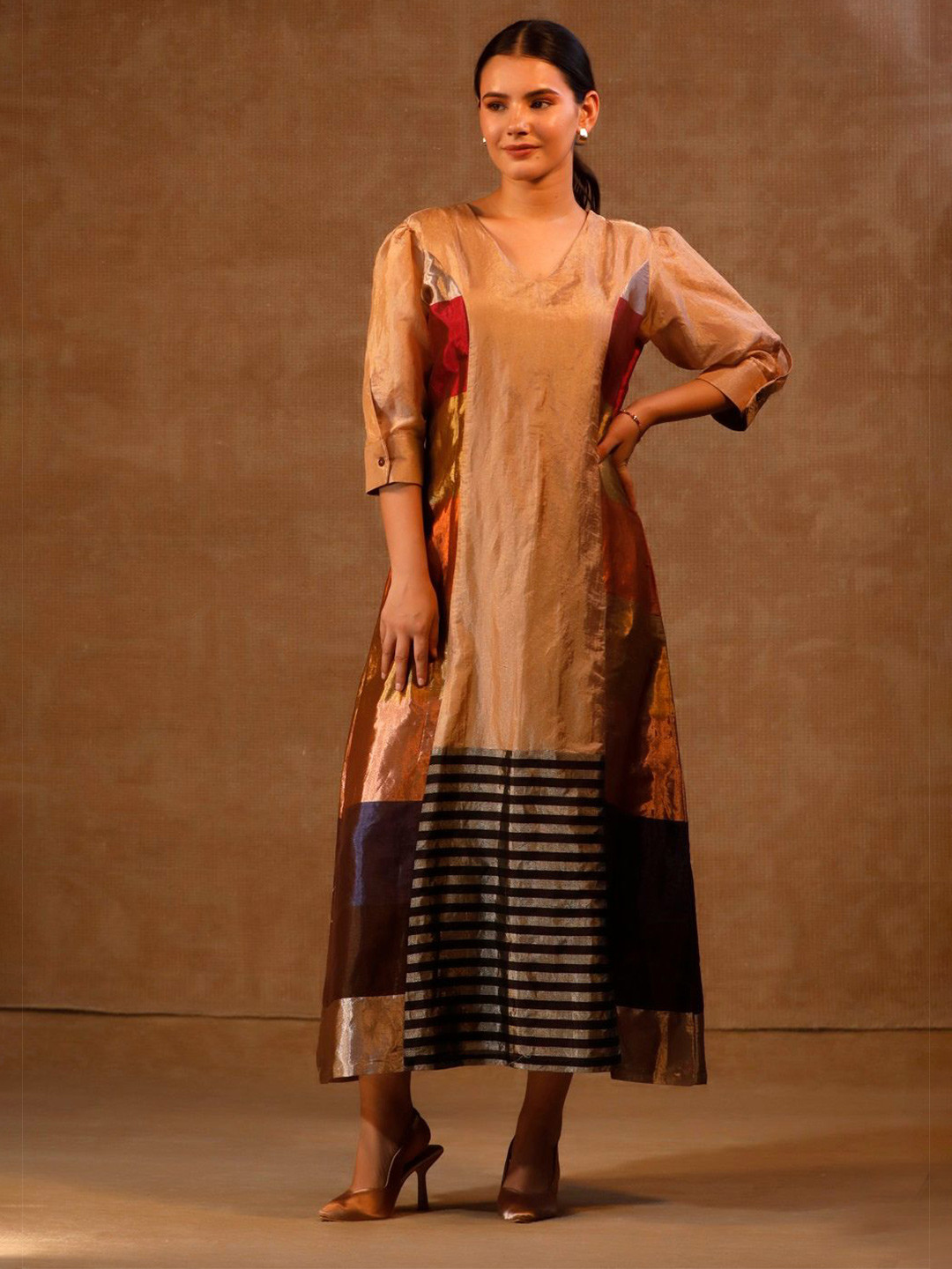 Eeda Women Striped Colourblocked A-Line Maxi Dress