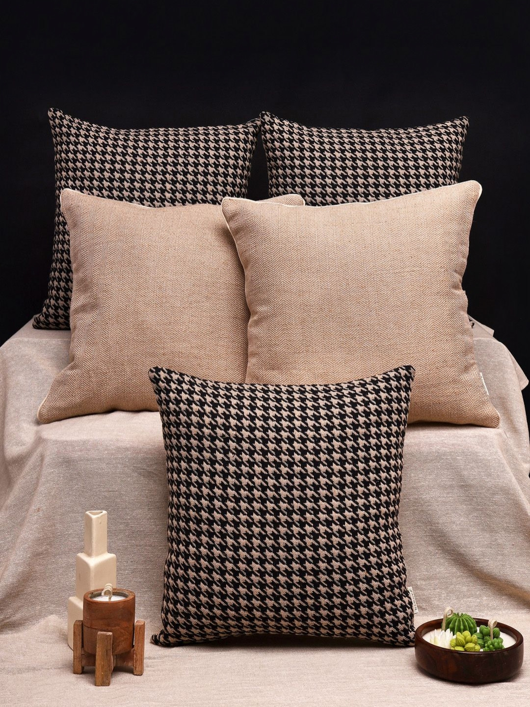 ANWYN Black & Beige 5 Pcs Self Design Textured Jute Cotton Square Bohemian Cushion Covers