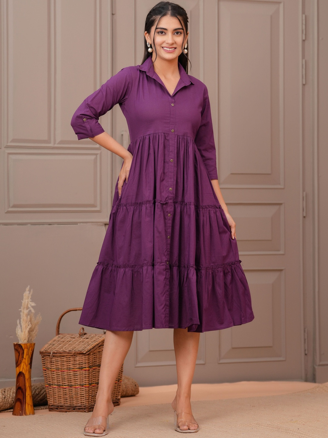 SZN Women Purple Shirt Collar Casual Wear Dress