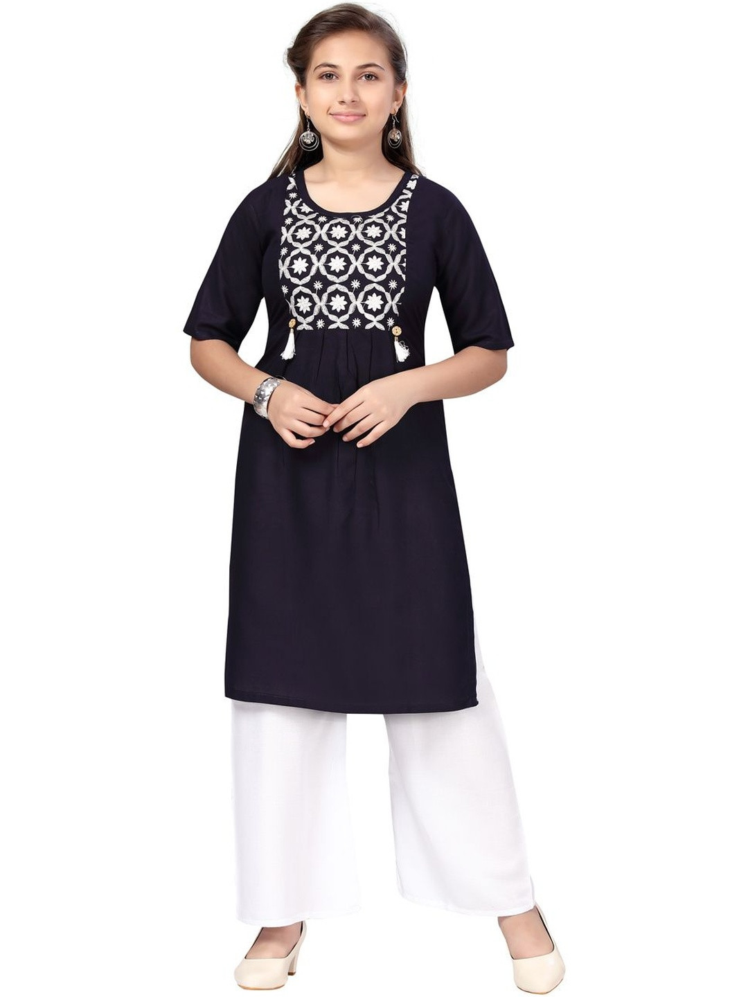 Muhuratam Girls Pure Cotton Indigo A-Line Kurta With Palazzo