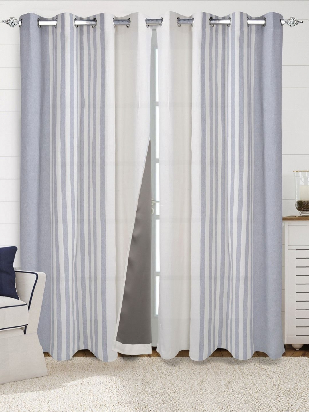 Saral Home Grey And White 2 Pieces Striped Black Out Cotton Long Door Curtains