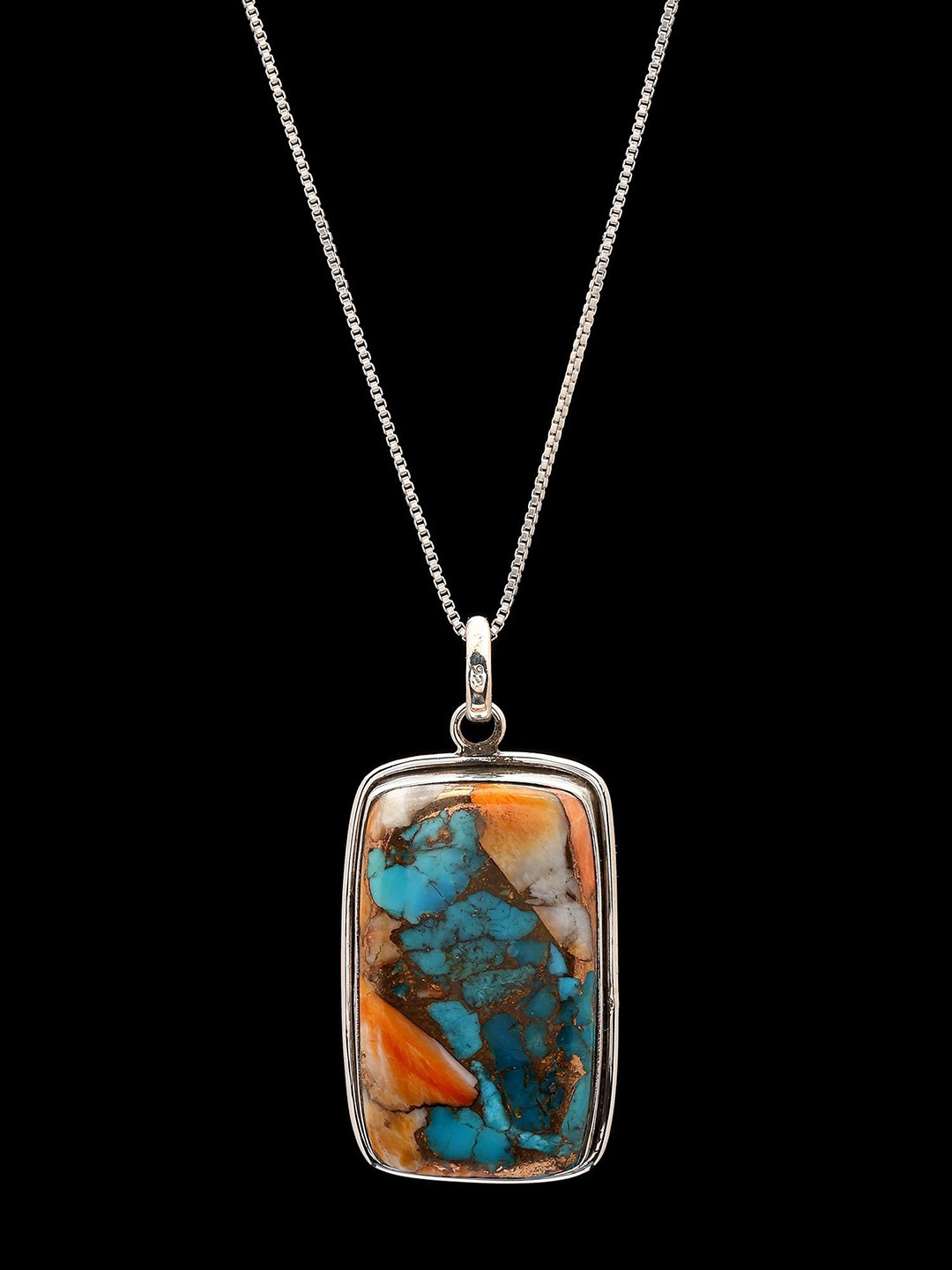 Exotic India Women Sterling Silver Turquoise Stone Rectangular Shaped Pendant