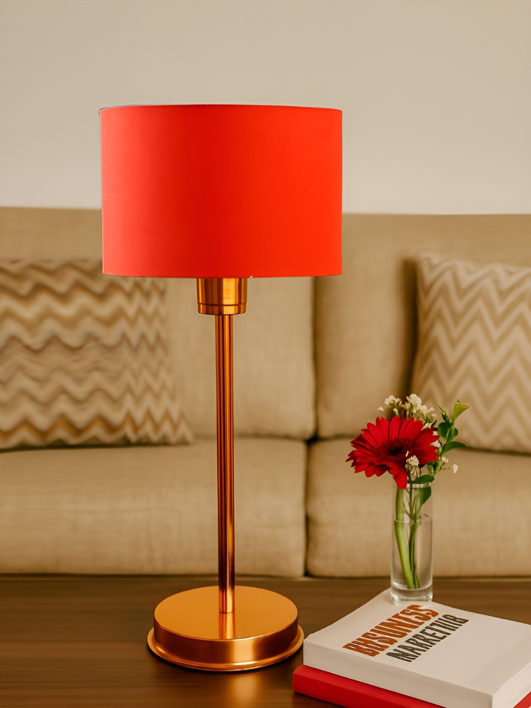 Devansh Red & Copper Cylindrical Shaped Steel Table Lamp With Shade