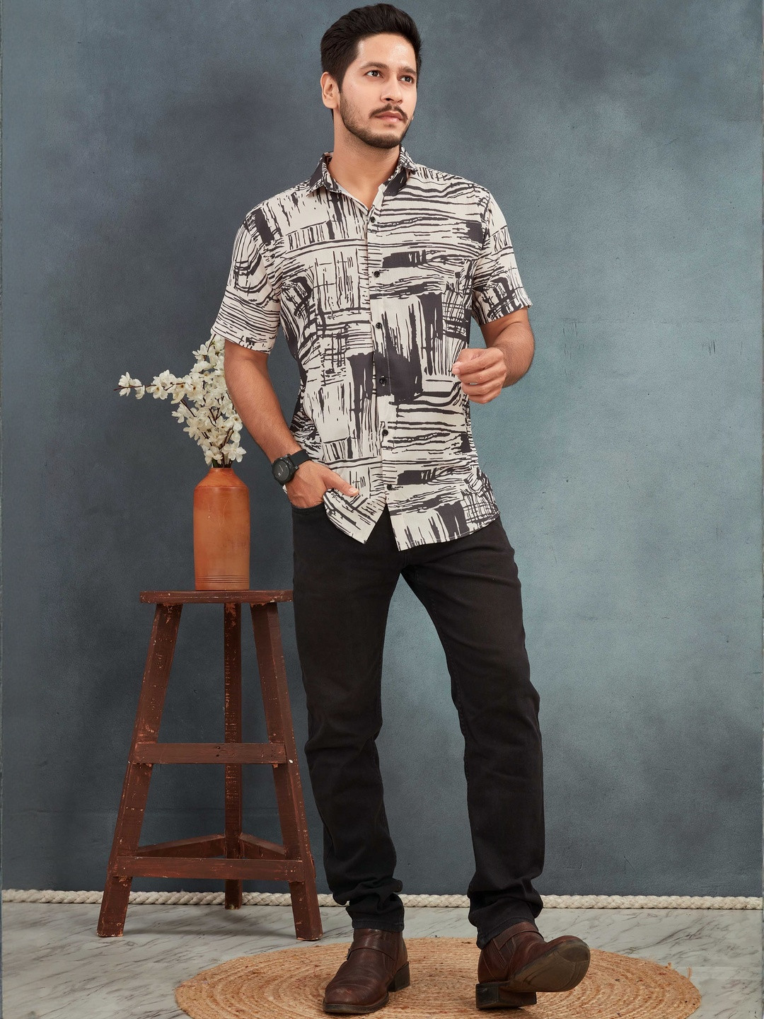 Moda Rapido Men Cream & Black Abstract Printed Button-Down Collar Cotton Shirt