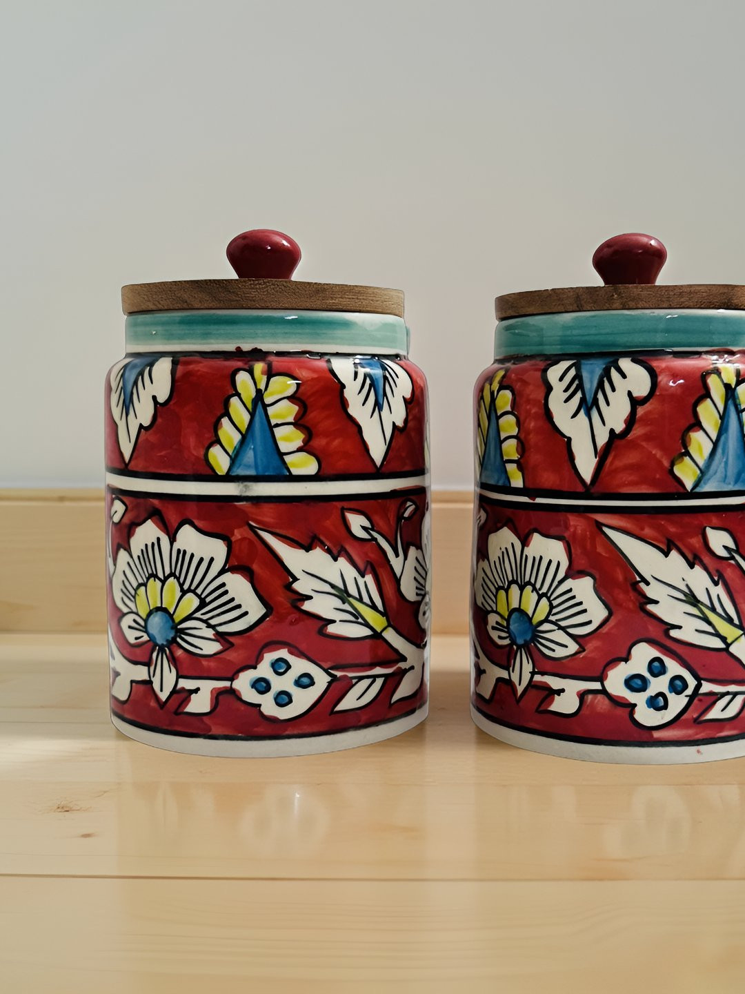 Lupaava Red & White 2 Pieces Floral Printed Ceramic Round Jar Container