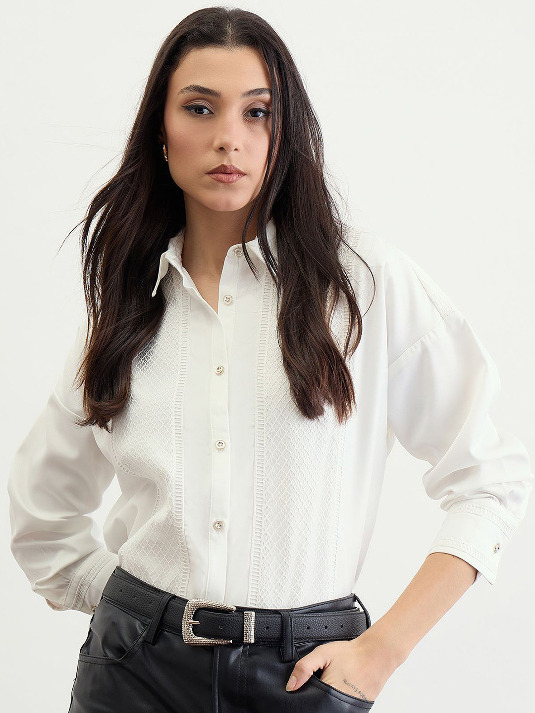 Iconic Classic Self Design Textured Spread Collar Lace Patch Shirt