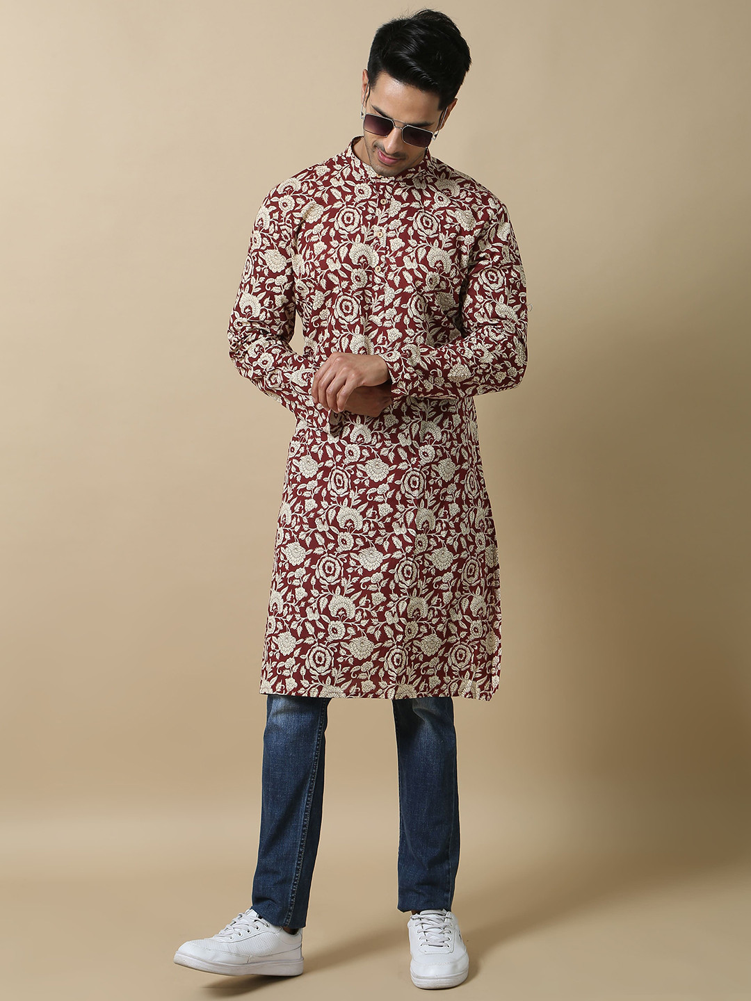 FILORI STUDIO Men Floral Printed Festive Pure Cotton Straight Kurta