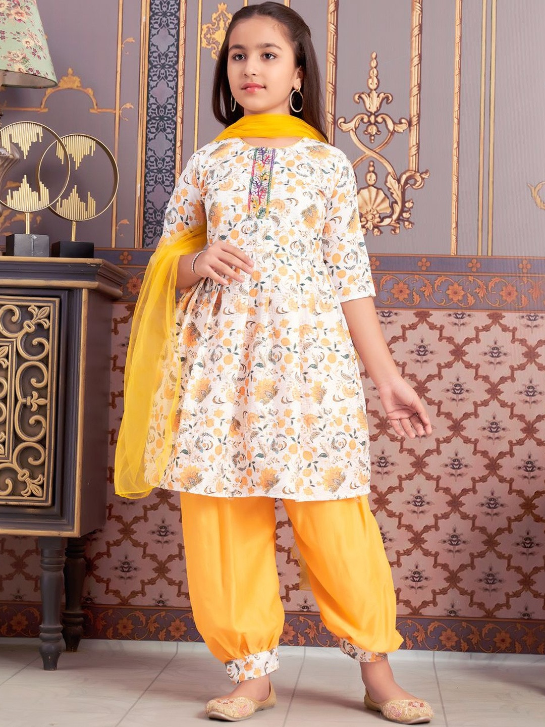 Ethnic Wear Yellow-White Floral Print Beads Work Polycrepe Kurti Patiala Set With Dupatta