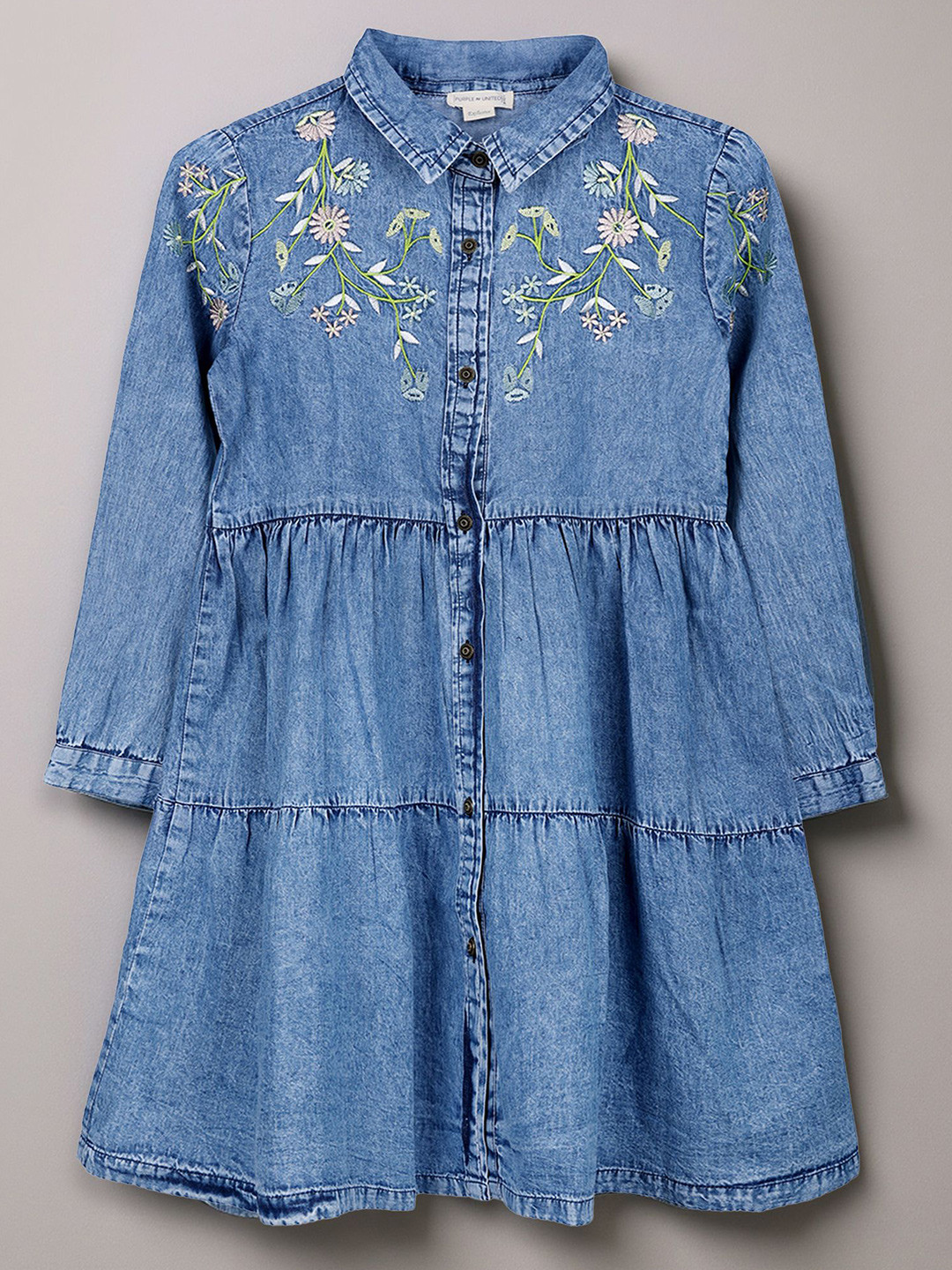 Purple United Kids Girls Floral Embroidered Shirt Collar Denim Shirt Mini Dress
