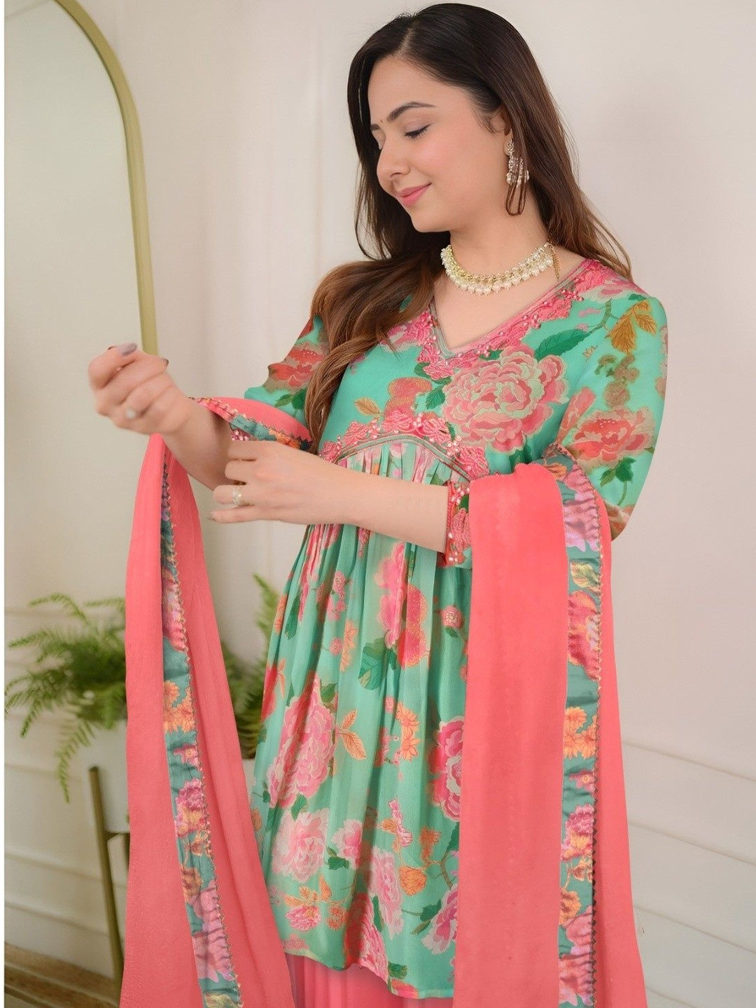 KREADAA Women Floral Printed Empire Thread Work Kurta with Palazzos & Dupatta