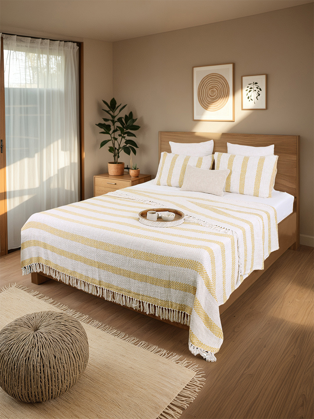 House This Shivalik Yellow & White Woven Design Double Queen Pure Cotton Bed Cover