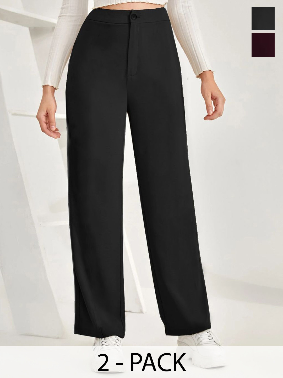 BAESD Women Pack of 2 Relaxed Straight Leg High-Rise Flat-Front Formal Trousers