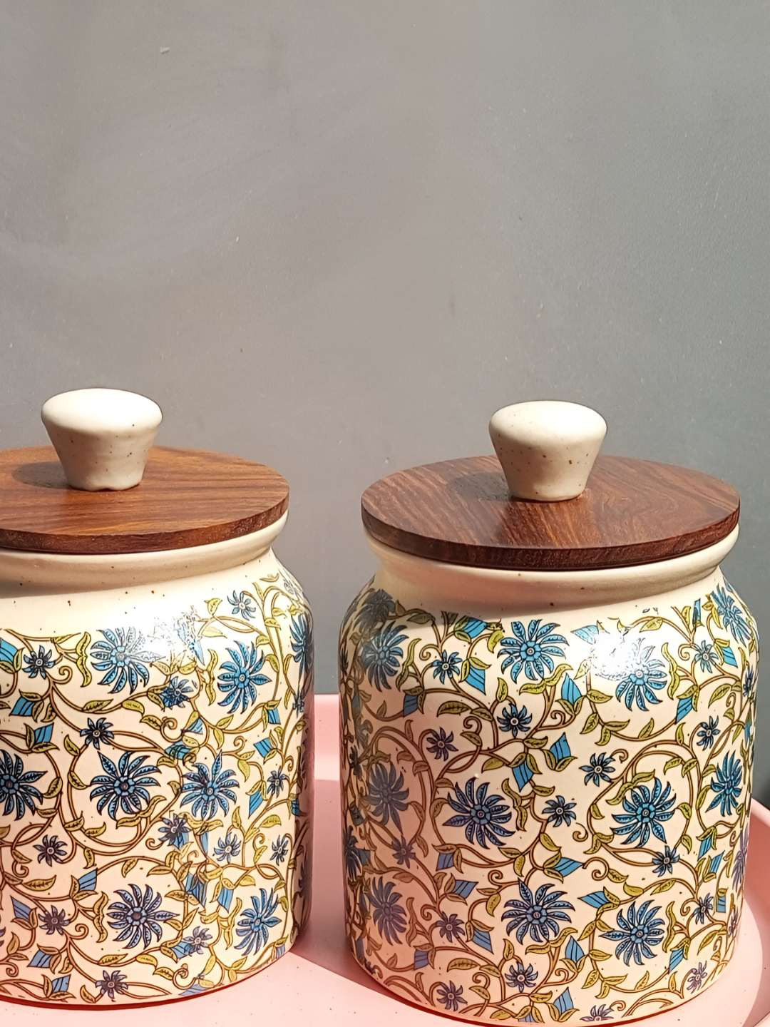 Lupaava Cream & Green 2 Pieces Floral Printed Ceramic Round Jar Container