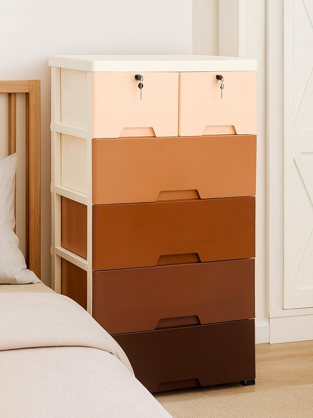 Kuber Industries Brown & Cream Colored 4 Layer & 2 Locker Storage Drawers With Wheels