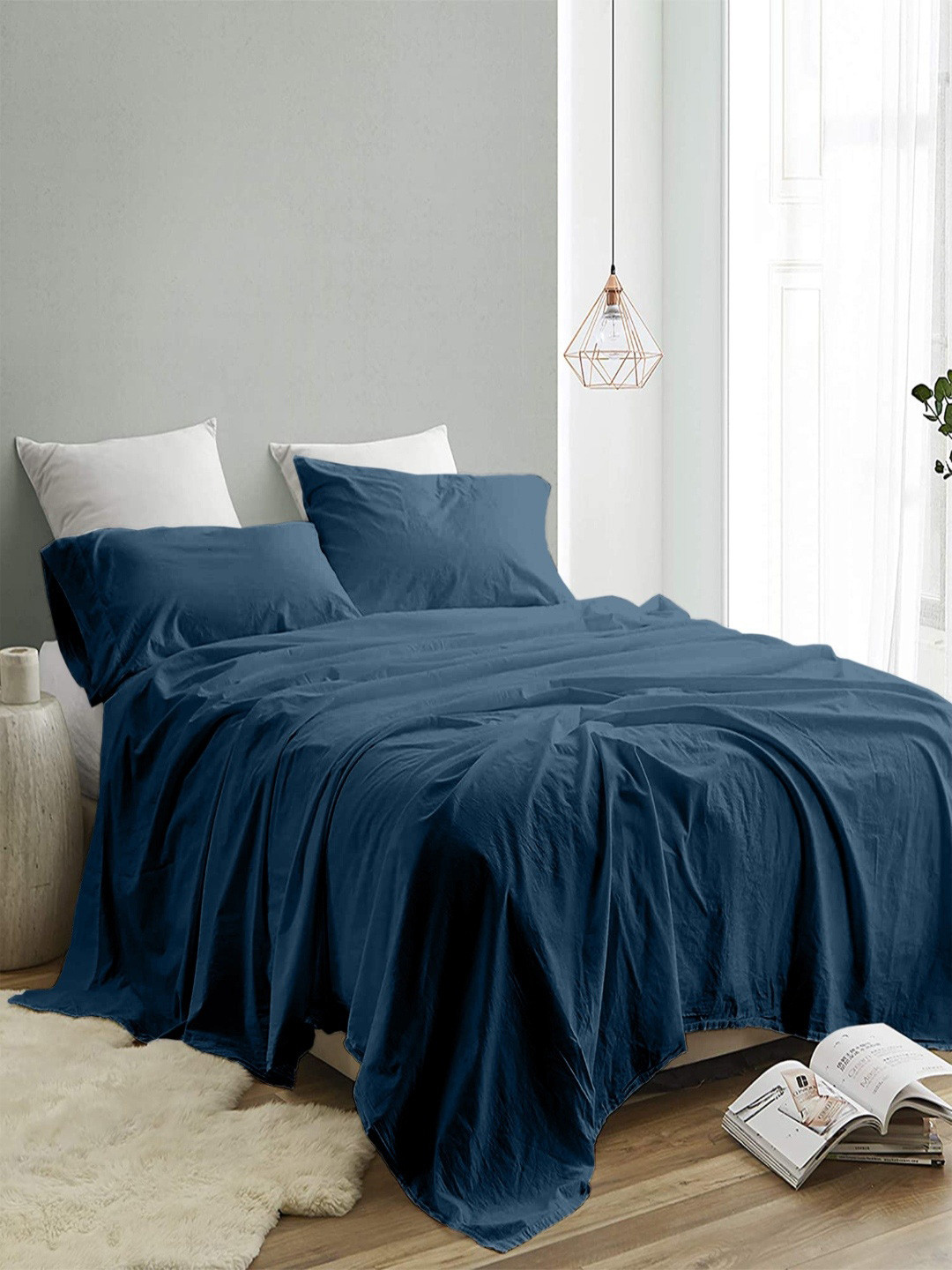 INDRA'S Blue Egyptian Cotton 300 TC King Bedsheet Set 2.75 m x 2.75 m