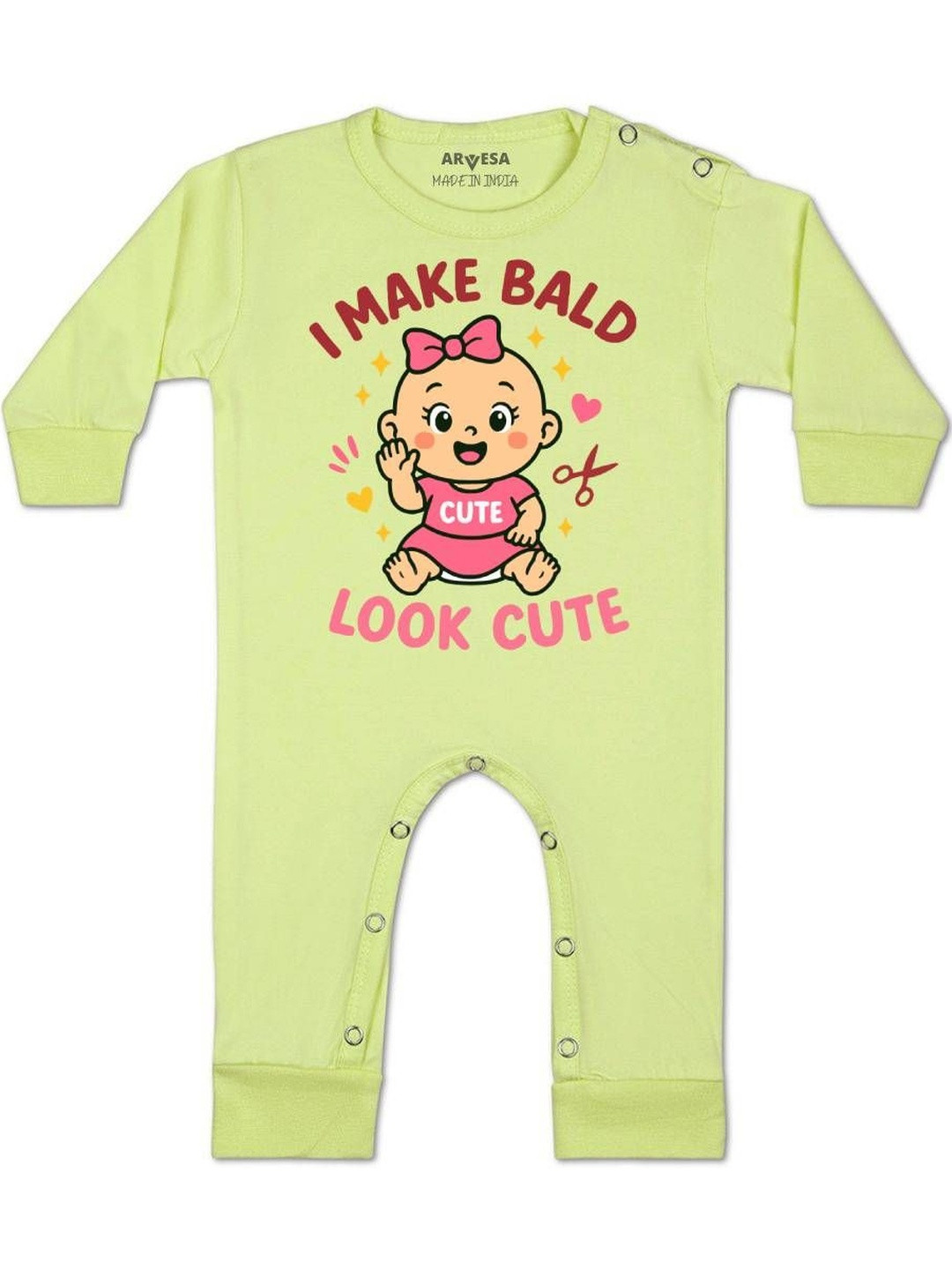 Arvesa Kids I Make Bald Look Cute Printed Round Neck Long Sleeve Rompers