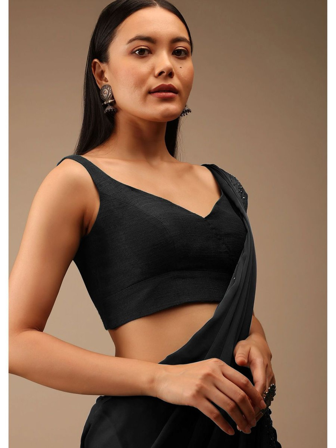 Moda Rapido Women Black Polyester Solid V-neck Sleeveless Saree Blouse