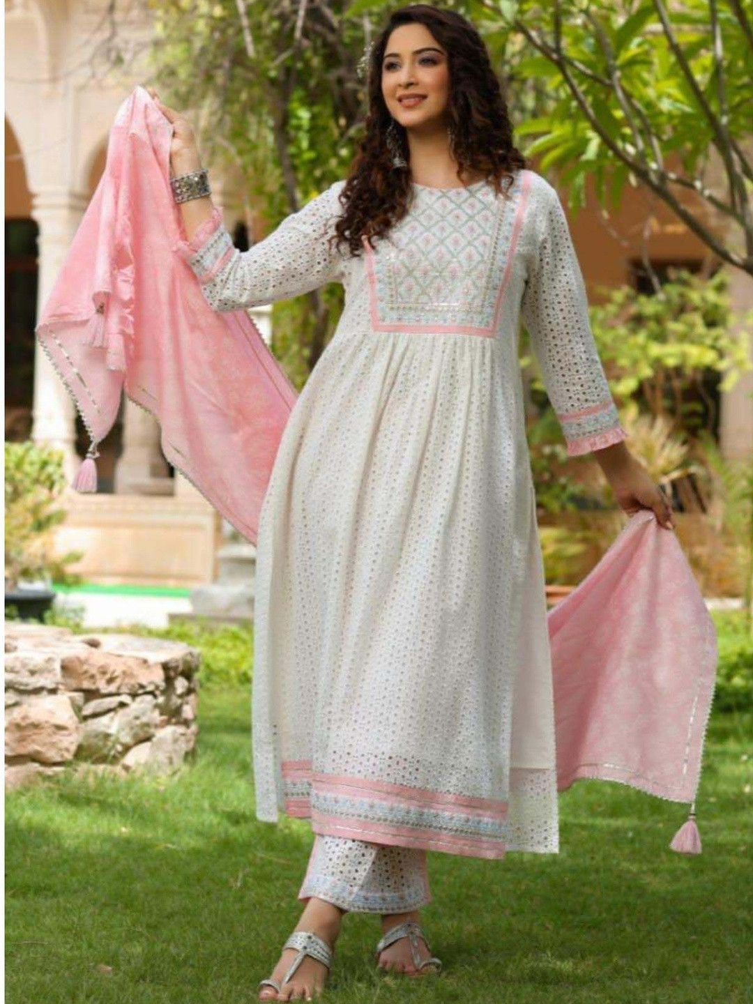 Shri pradha Motifs Panelled Thread Work Chanderi Cotton Kurta With Trousers & Dupatta