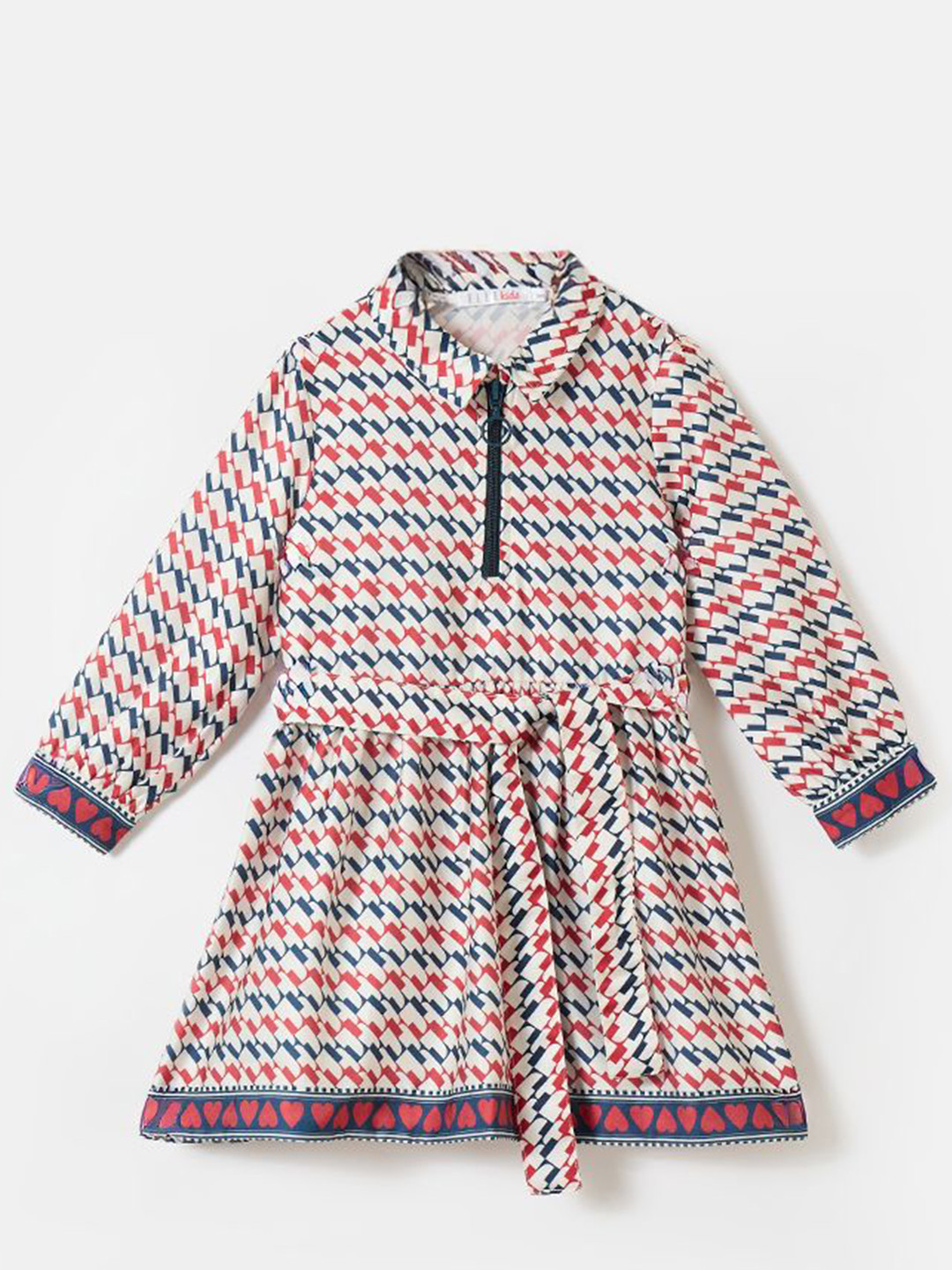 ELLE Girls Printed Polo Collar Belted Detail Fit & Flare Midi Dress