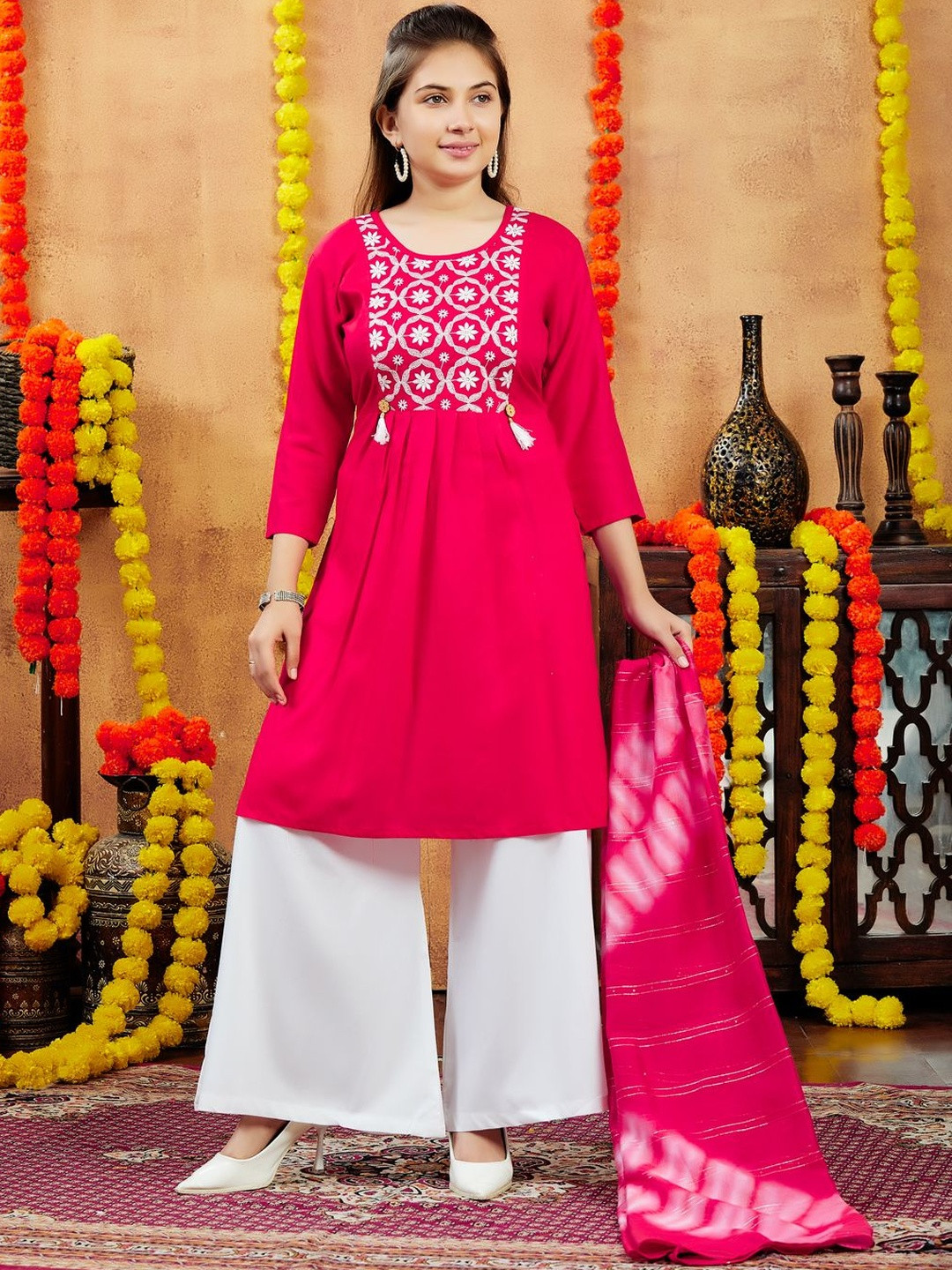 Muhuratam Girls Party Wear Red Colour Embroidery Cotton Kurti