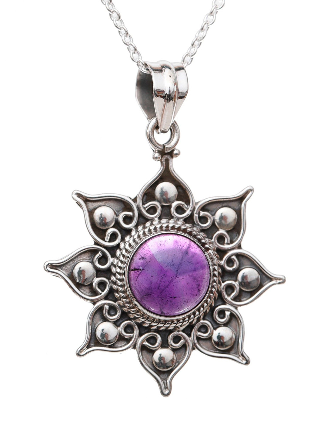 Exotic India Women Sterling Silver Amethyst Studded Flower Pendant
