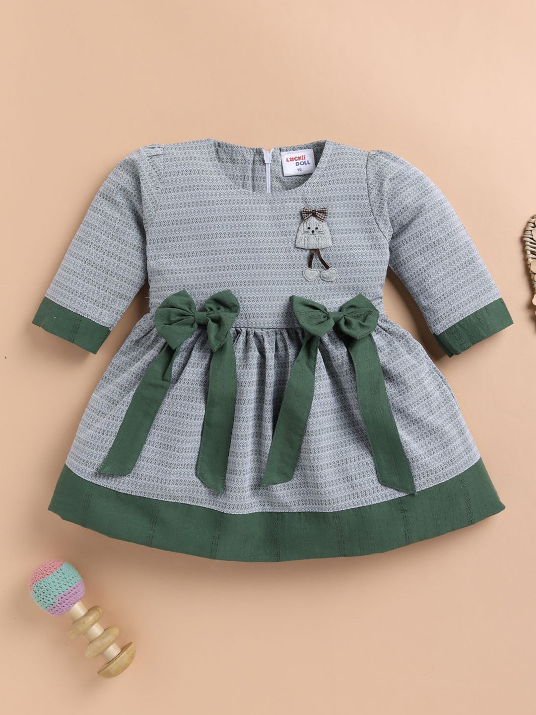 LACKii DOLL Girls Geometric Printed Lace Frills Bows & Ruffles Applique Fit & Flare Dress