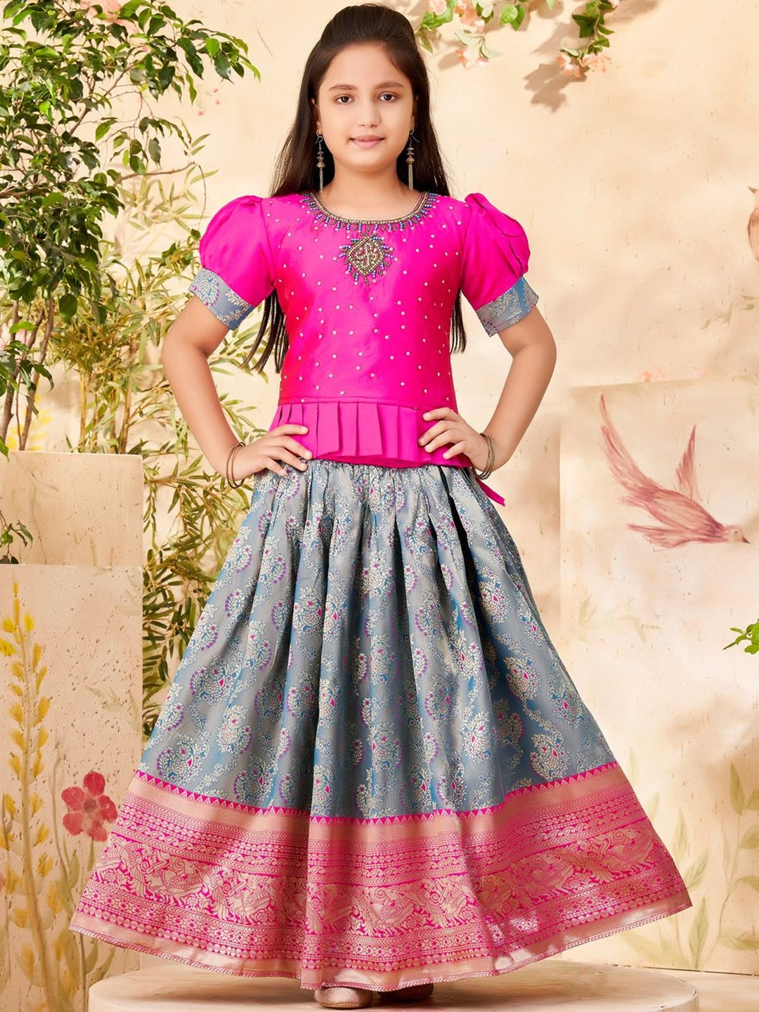 Muhuratam Girl Beads Hand Embroidery Silk Lehenga Choli Set