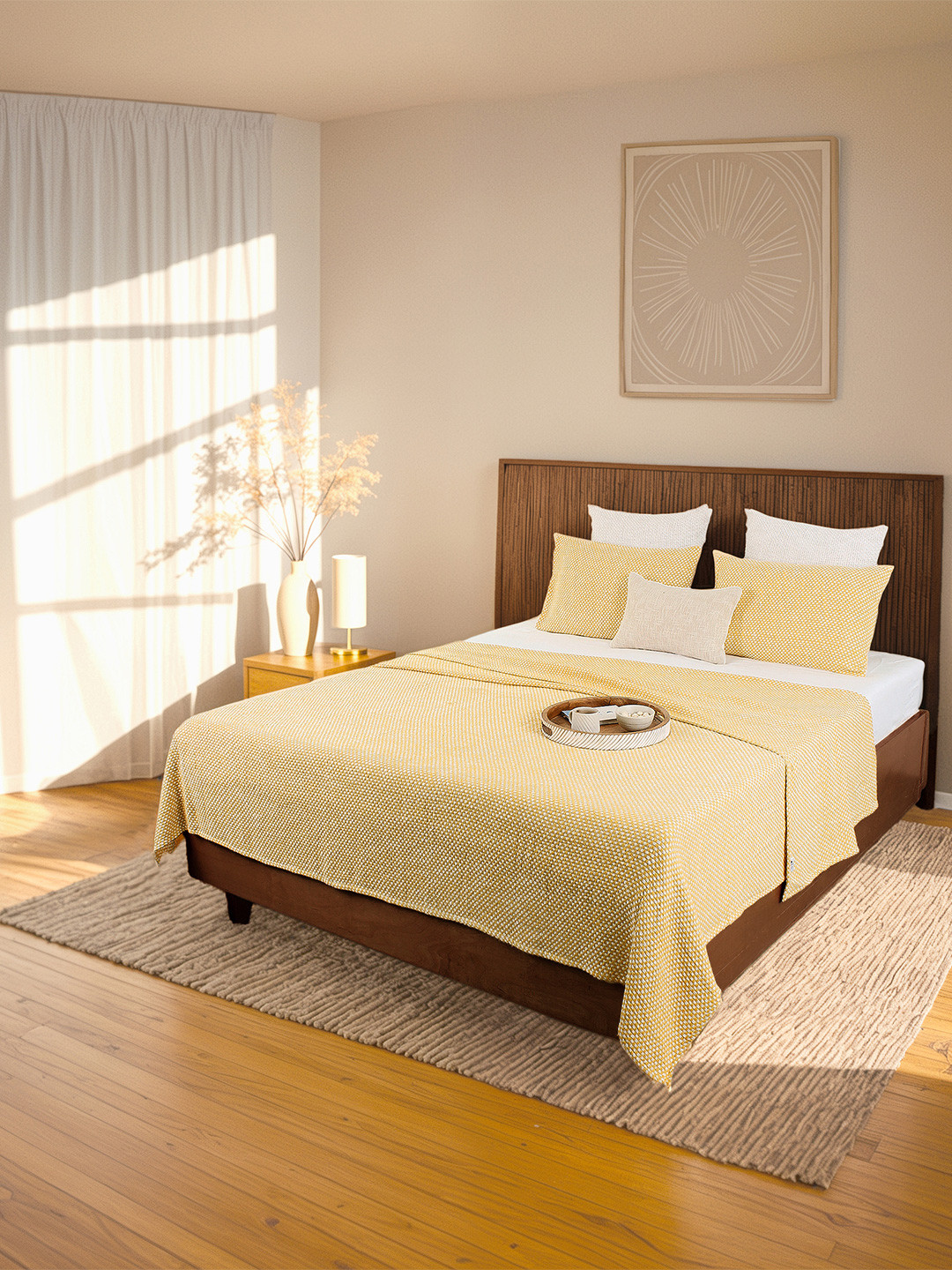 House This Yellow Woven Design Double Queen Pure Cotton Bed Cover