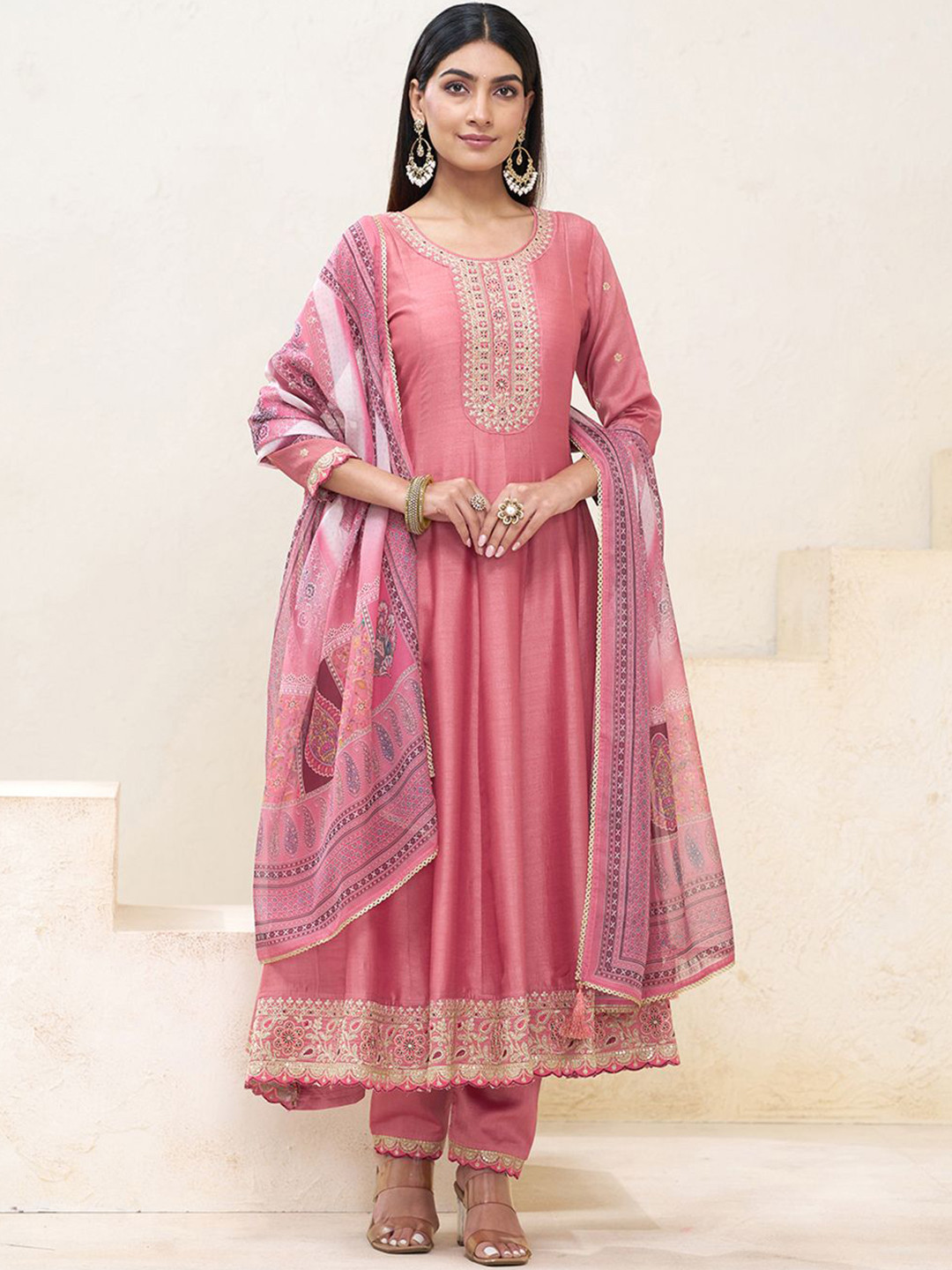 House of Pataudi Women Embroidered Sequence A-Line Kurta With Trouser & Dupatta